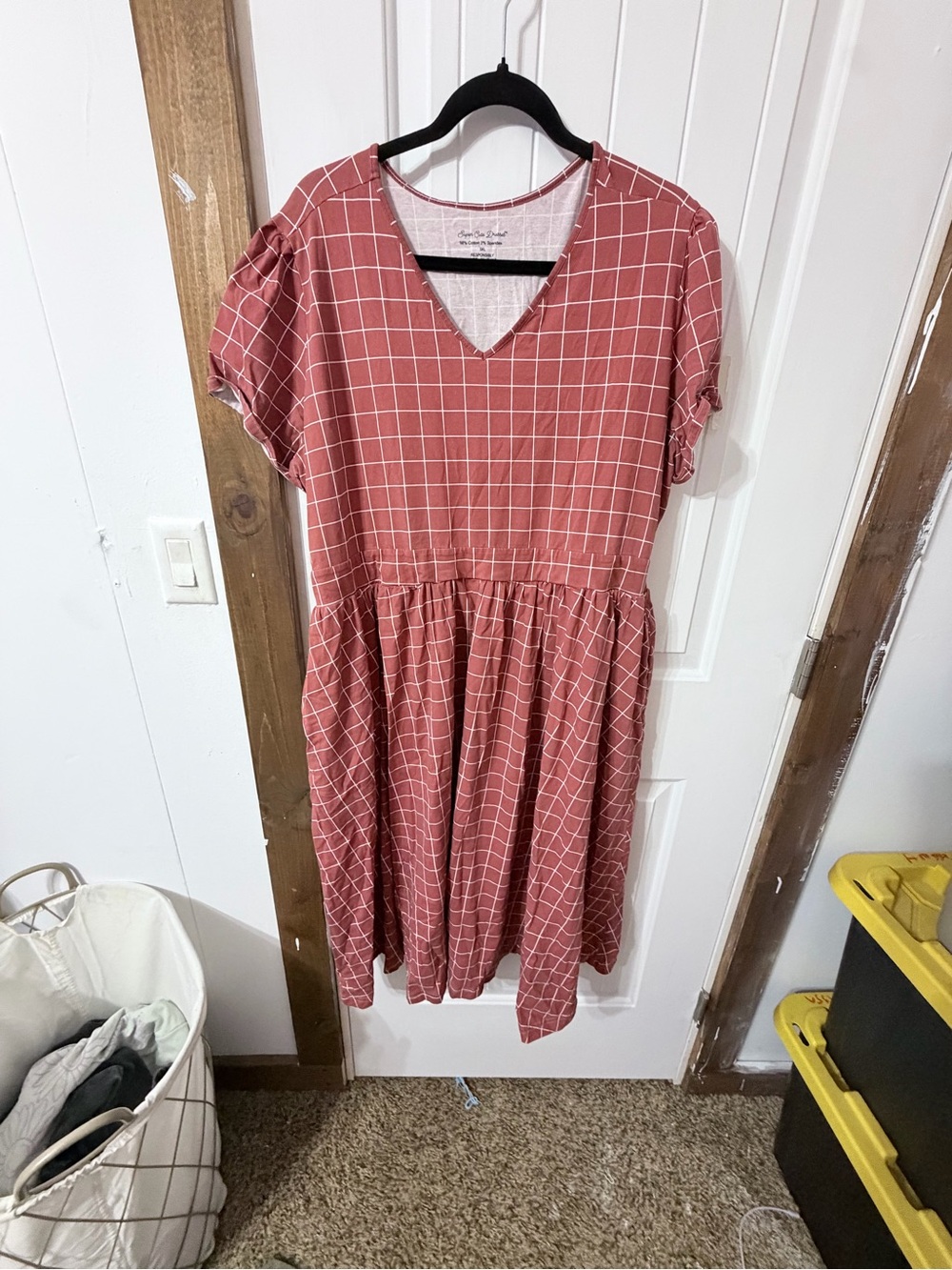 V-Neck Rust Grid Midi Dress with Gathered Waist